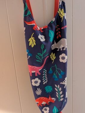 Boden Navy One-Piece Swimsuit with Coral Trim and Multicolor Dino Print